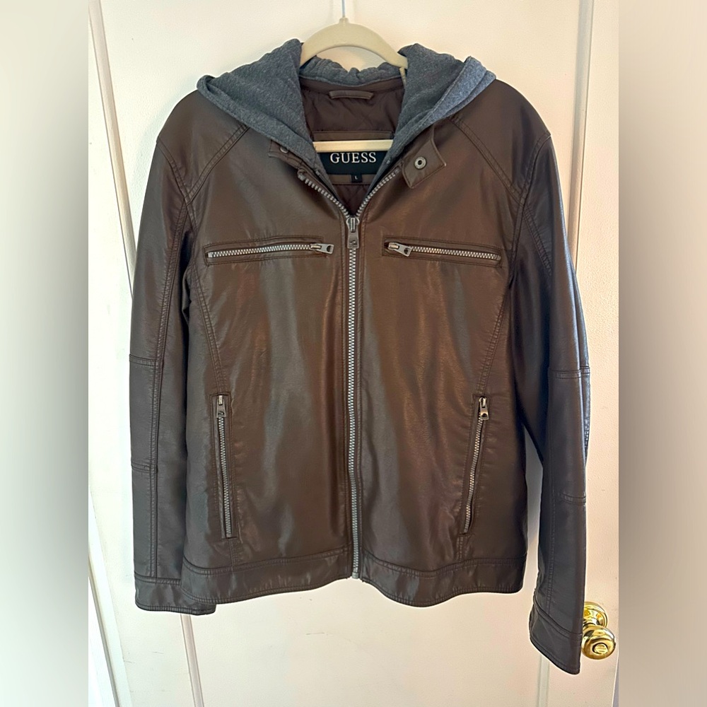 Guess Brown Leather Bomber Jacket with Gray Hood